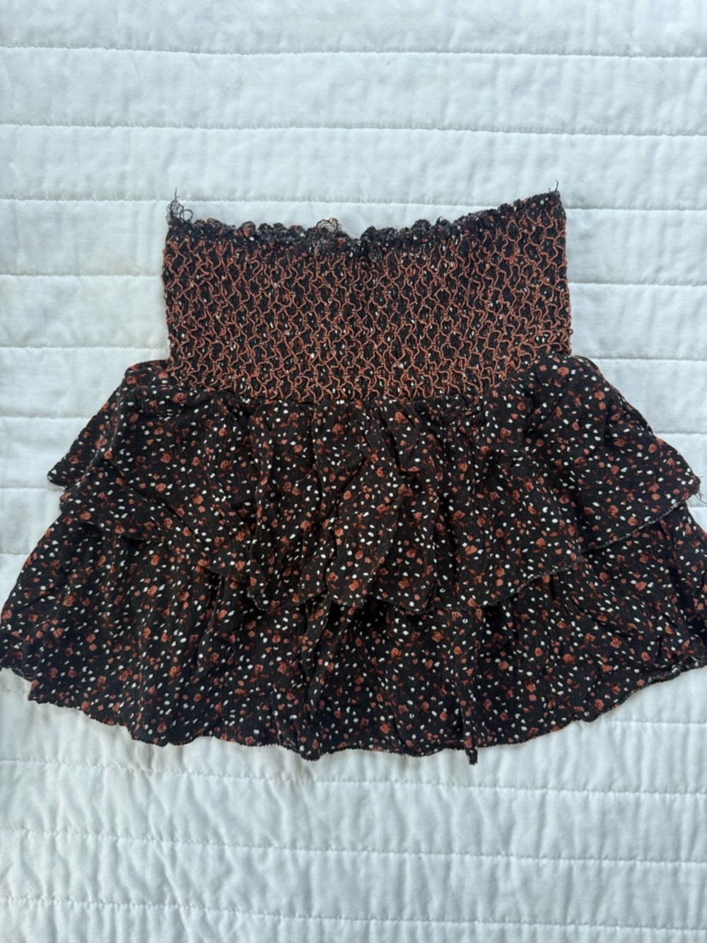 Smocked Ruffle Mini Skirt in Black with Rust Floral Print